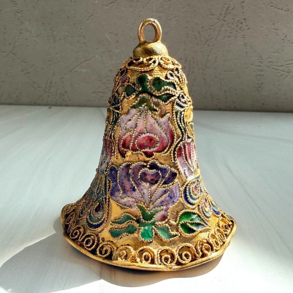 Vintage Cloisonne Enamel Bell Gold Filigree Floral Peacock Motif 3 Inch